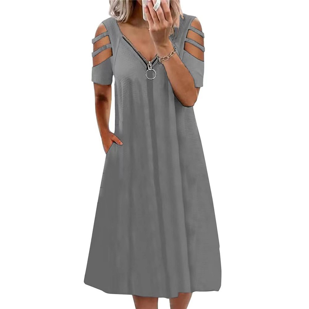WHZXYDN Summer Sexy Women's Off-Shoulder V-Neck Zipper Pocket Short Sleeve Dress Gray