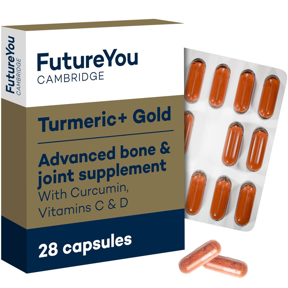 Turmeric+ Gold Supplement 28 Turmeric Capsules High Strength Curcumin Capsule Patented Meriva Formulation with Vitamins C & D Tablets for Bones, Joints & Muscles by FutureYou Cambridge.