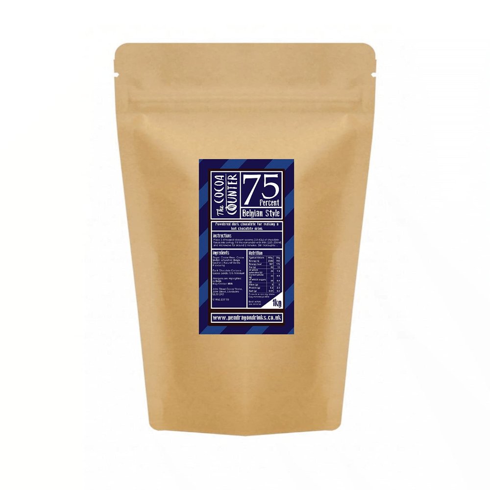1kg 75% Dark Hot Chocolate Flakes (Belgian Style)