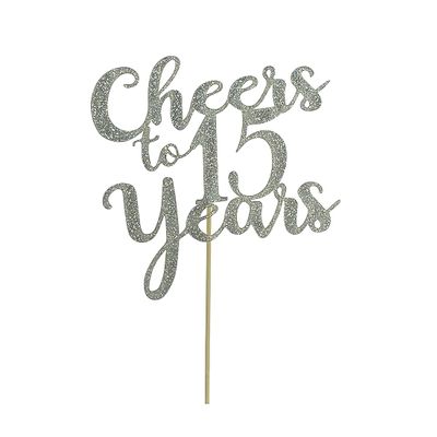 Silver Glitter Cheers to 15 Years Cake Topper - 15th Birthday / Anniversary Party Decorations