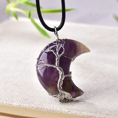 1PC Natural Crystal Pendant Tree of Life Moon Shape Stone for Men Women Jewelry Mineral Jewelry Energy Stone DIY Gift-Amethyst