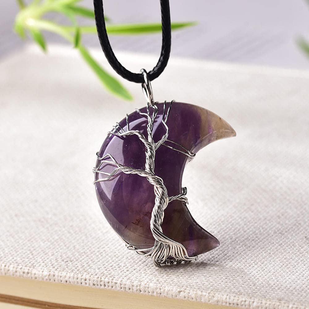 1PC Natural Crystal Pendant Tree of Life Moon Shape Stone for Men Women Jewelry Mineral Jewelry Energy Stone DIY Gift-Amethyst