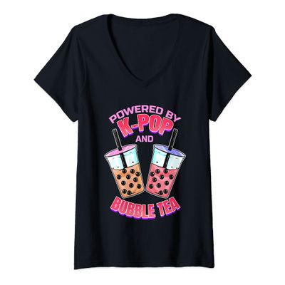 Womens Bubble Tea Boba K-POP Music Lover Korean Milk Anime V-Neck T-Shirt