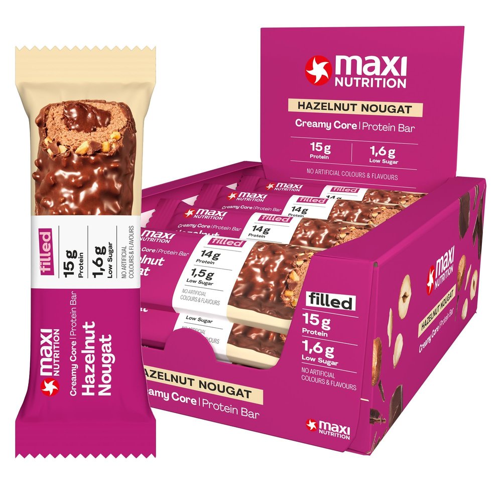 MaxiNutrition Creamy Core Protein Bar - High Protein Snack - Fat-Free, Low in Sugar - 14g Protein - Hazelnut Nougat, 200 kcal per Serving, 12 x 45g