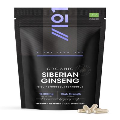 Organic Siberian Ginseng 10,000mg - High Strength Eleutherococcus Senticosus 15:1 Extract - 120 Vegan Capsules Resealable and Recyclable Pouch by Alpha01