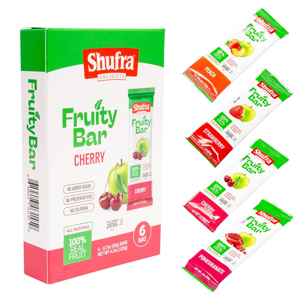 Shufra Fruit Bars Snack Made With 100% Real Natural Fruit, Only 70 Calories Per Bar, For Kids & Adults, No Sugar Added, No Preservatives, Non GMO, Kosher & Gluten Free (12 Bars) (Cherry)