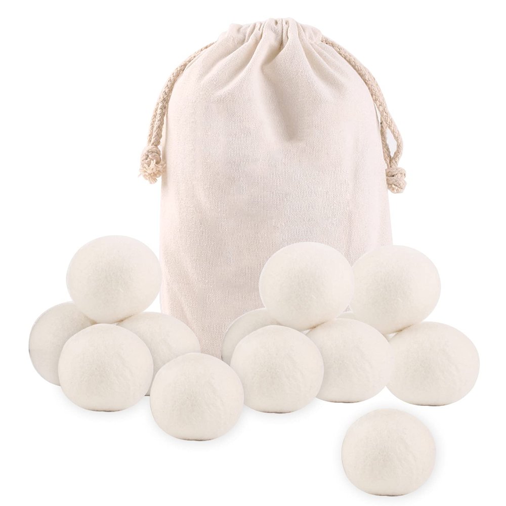 wool Dryer Balls, Reusable Tumble Dryer Balls 100% Organic New Zealand Wool Handmade, Natural Fabric Softener Alternative, Reduce Wrinkles, Shorten Drying Time, Hypoallergenic, Safe (White, 12pcs)