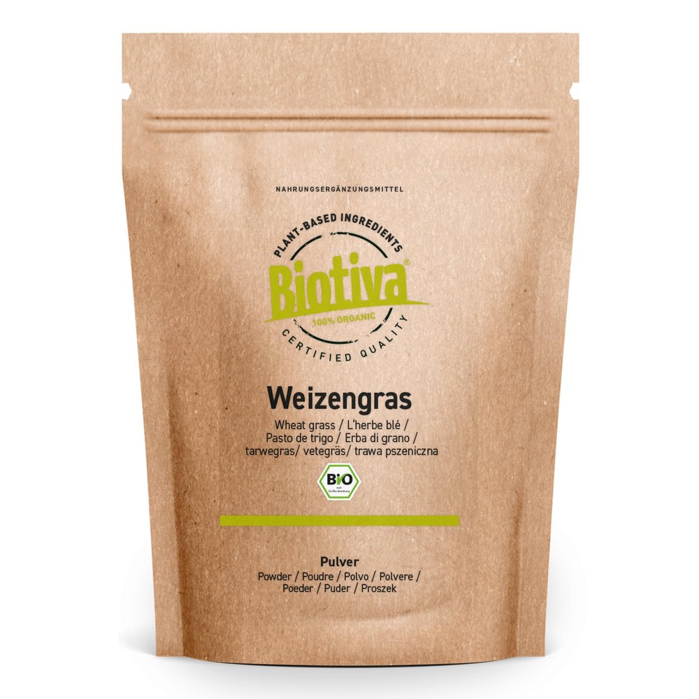 Biotiva Wheatgrass Powder Organic 1000g (2X 500g) - Young, fine Wheatgrass Powder - Finest Taste - Packed and Controlled in Germany (DE-ECO-005)