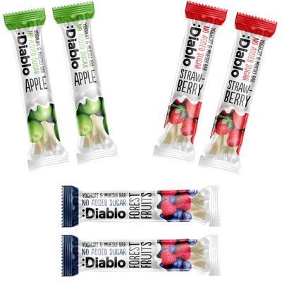 Diablo Yoghurt & Muesli Bar  No Added Sugar Healthy Snacks & Breakfast Bar Sweetened with Maltitol, Low Sugar Snacks Food, Great for Gifting  Apple, Strawberry, Forest Fruit, 30g Each (Pack of 6)