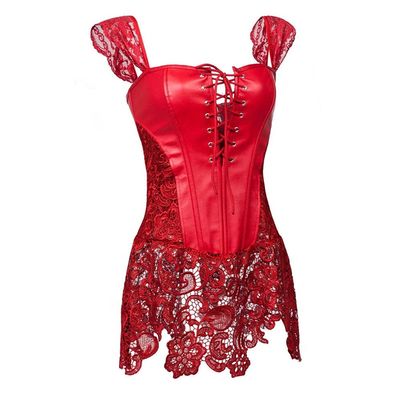 Corsets For Women Sexy Gothic Underbust Corset And Waist Cincher Bustiers Top Workout Shape Body Lace Court Corset Plus Size Lingerie-Red_XXL