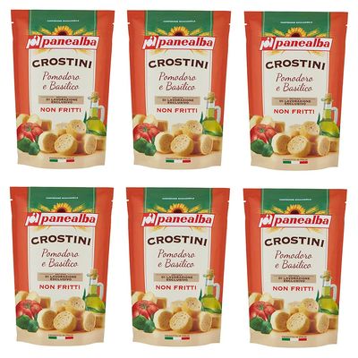 6X Panealba Crostini Pomodoro e Basilico Croutons with Tomato and Basil Salted Snack not Fried 100g