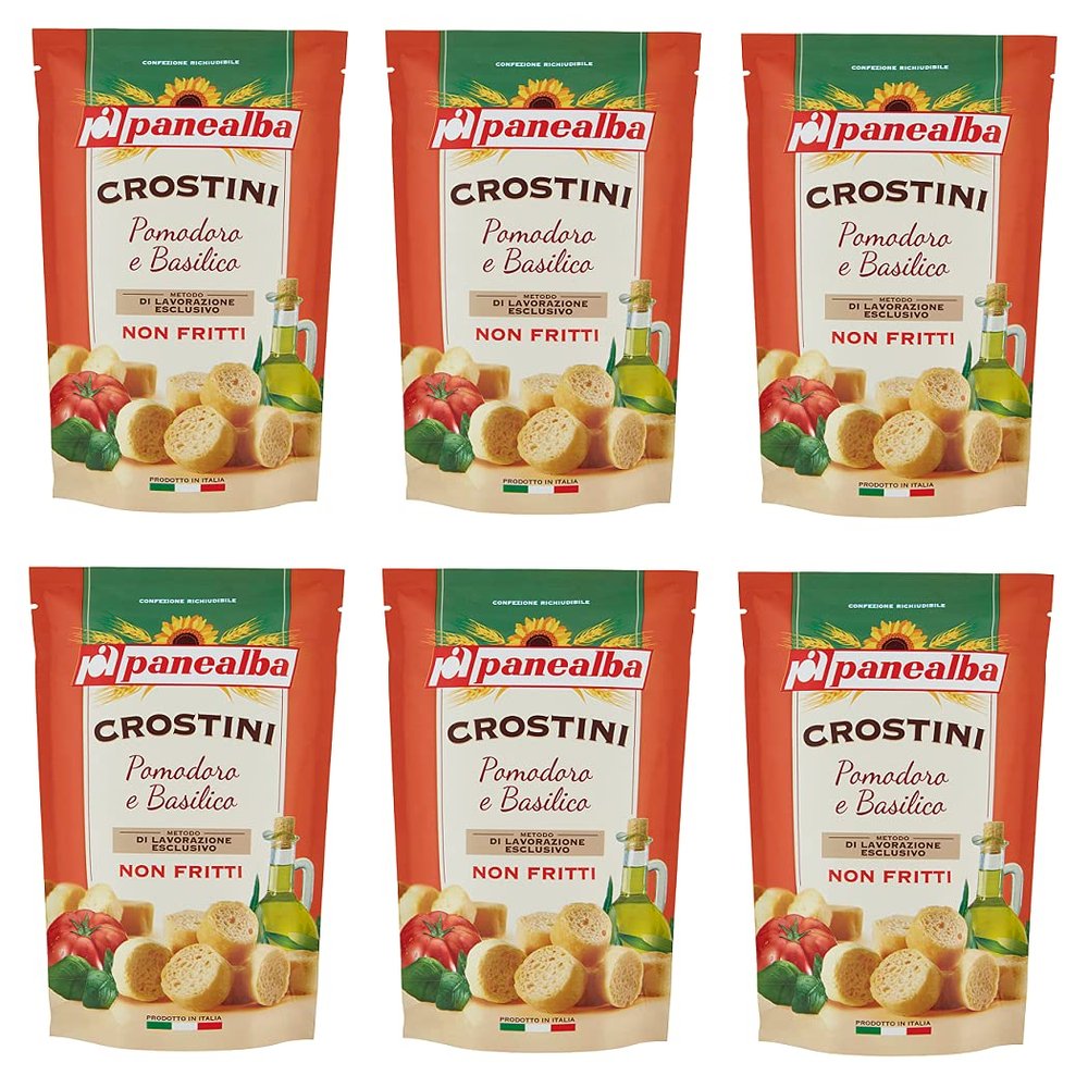 6X Panealba Crostini Pomodoro e Basilico Croutons with Tomato and Basil Salted Snack not Fried 100g
