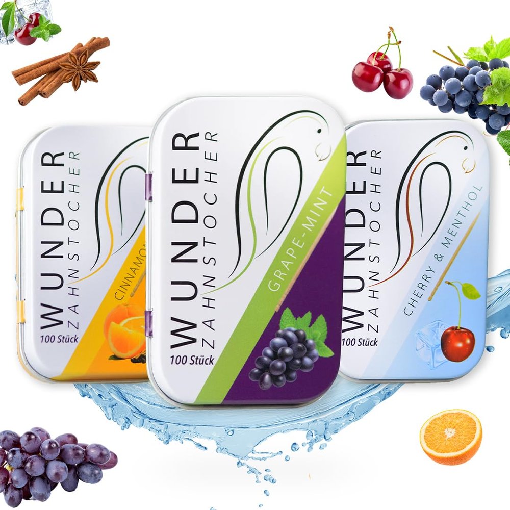 Wunder Flavoured Toothpicks - Tasty Pack - 3 x 100 Flavor Tooth Picks in Metal Boxes - Long-Lasting Flavour - Fresh Breath - Helps Reduce Nail-Biting - Supports Smoke-Free Moments - Sugar-Free