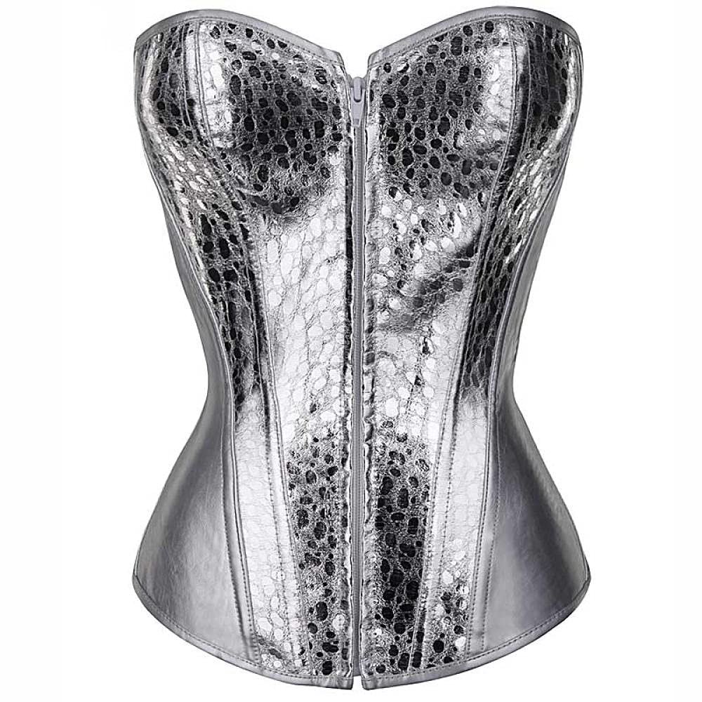 Corsets For Women Silver Corset Costume Top Synthetic Leather Bustier Sexy Women Boned Party Clubwear Overbust Corseletes-856_Half_Silver_L