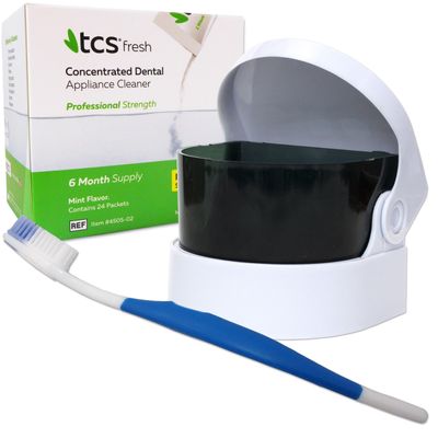 TCS, Sonic & Silicone Brush ~ 24 Weekly Sachets Concentrated Cleaner for Flexible Dentures, Retainers and Dental Appliances (Blue Brush)