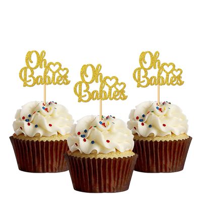 MonMon & Craft Cupcake Toppers for Twins, 24 Pcs Gold Glitter Welcome Baby 6 Months/1st Birthday Party/Gender Reveal Party Decorations