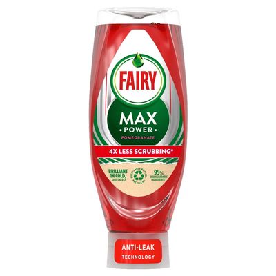 Fairy MaxPower Washing Up Liquid Pomegranate, 640 ml | Ultra Grease-Cutting Formula | Easy-Grip Upside-Down Bottle | Fast-Acting Cleaning for Dishes | Long-Lasting Fresh Pomegranate Scent