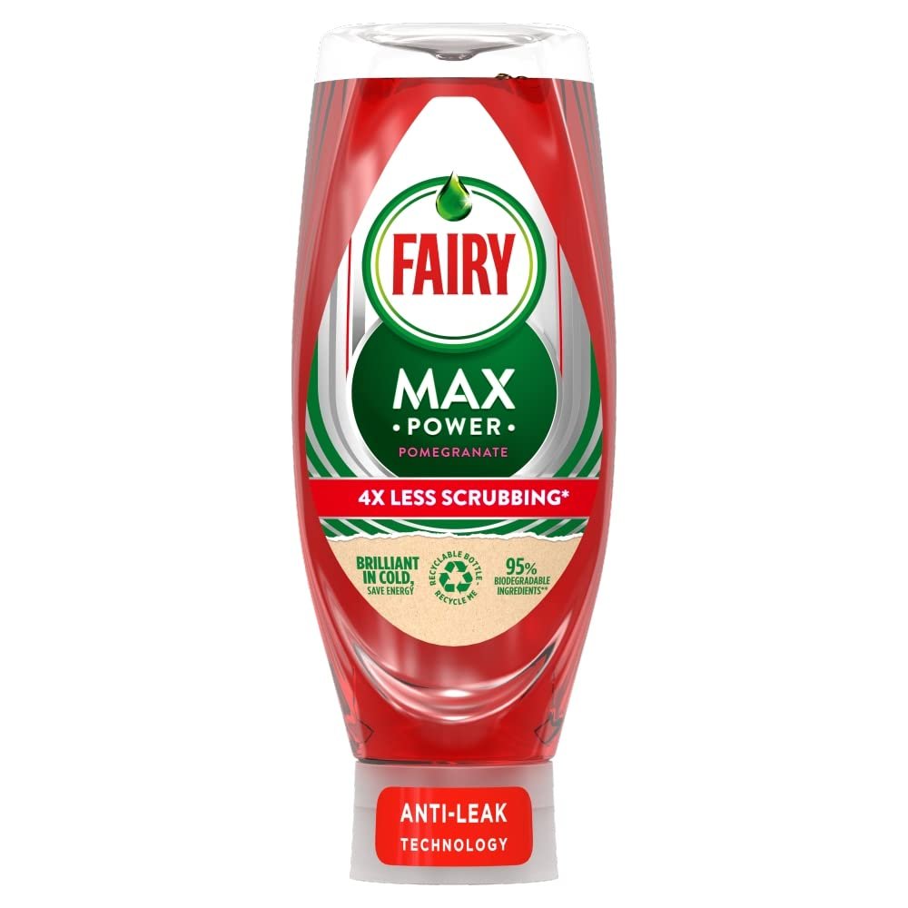 Fairy MaxPower Washing Up Liquid Pomegranate, 640 ml | Ultra Grease-Cutting Formula | Easy-Grip Upside-Down Bottle | Fast-Acting Cleaning for Dishes | Long-Lasting Fresh Pomegranate Scent