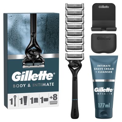 Gillette Body & Intimate Mens Razor Set  Pubic Hair & Ball Shaver, 8 Razor Blade Refills + 2in1 Shave Cream & Cleanser, Below-the-Waist Grooming, Includes Shower Hook & Travel Cover