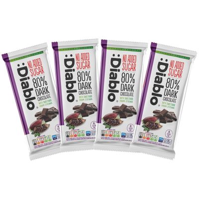 Diablo No Added Sugar 80% Dark Chocolate  No Added Sugar Chocolate Bar, Sweetened with Stevia, Gluten Free, Ideal for Any Occasion, Birthdays, Valentines, or Gift Hampers, 75g (Pack of 4)