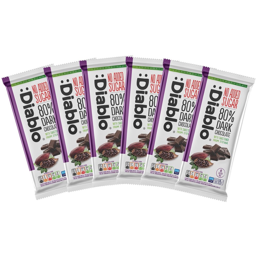 Diablo No Added Sugar 80% Dark Chocolate No Added Sugar Chocolate Bar, Sweetened with Stevia, Gluten Free, Ideal for Any Occasion, Birthdays, Valentines, or Gift Hampers, 75g (Pack of 6)