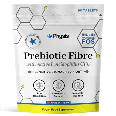 Physis Prebiotics with Probiotics | Gut Health & Digestion | Diarrhoea & Constipation Relief | 90 Vegan Capsules | 3 Month Supply | FOS Fibre Supplement | Lactobacillus Acidophilus