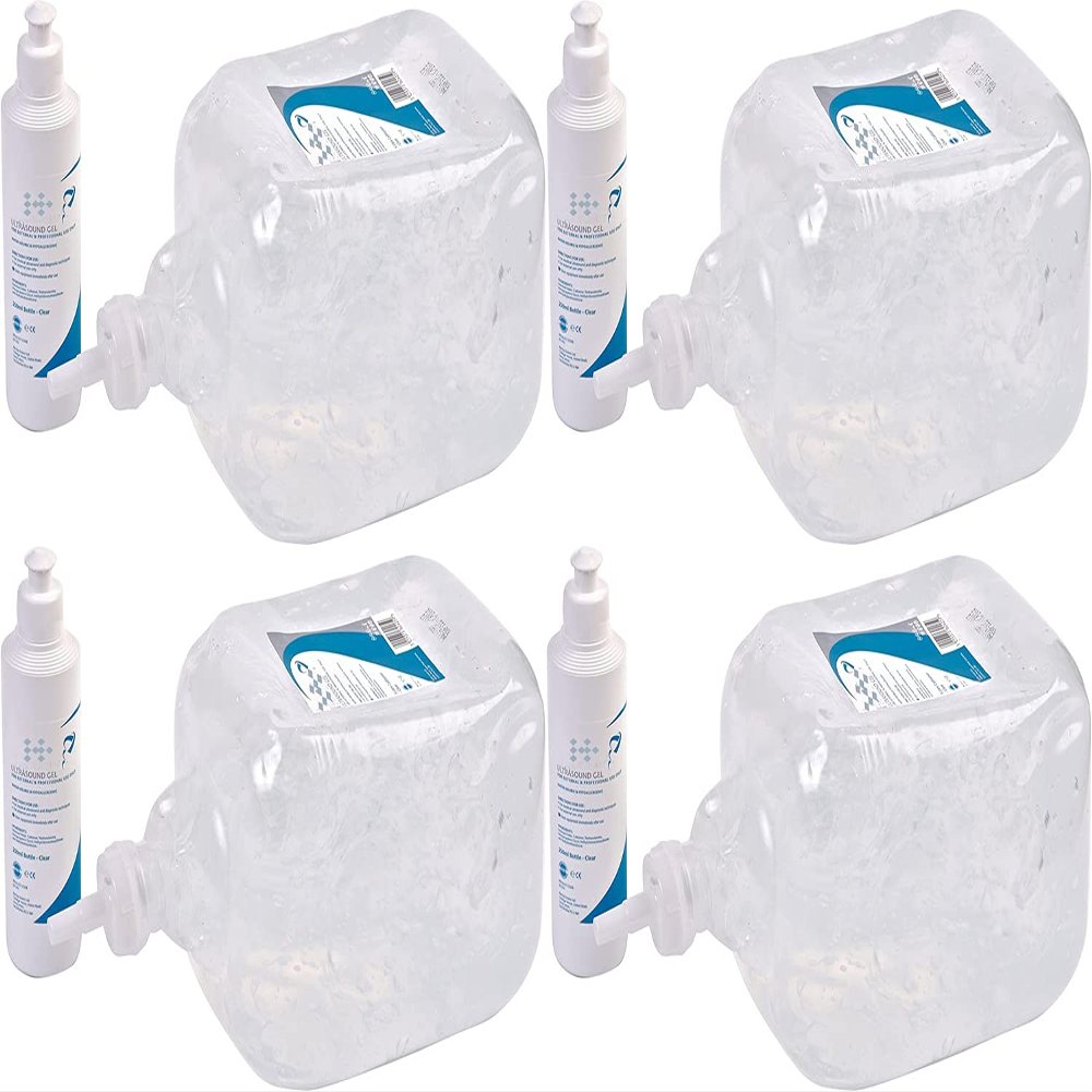 4X Ezy-Aid 5L Ultrasound Gel with 250ml Refill Bottle | 5 Litre Clear Transmission Gel | Non Staining, CE Certified | 4X 5 Litre