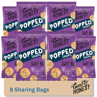 Good & Honest Popped Crisps, Sweet BBQ Pack of 8 x 85g, Gluten Free Pub Snacks, Vegan High Fibre Snacks