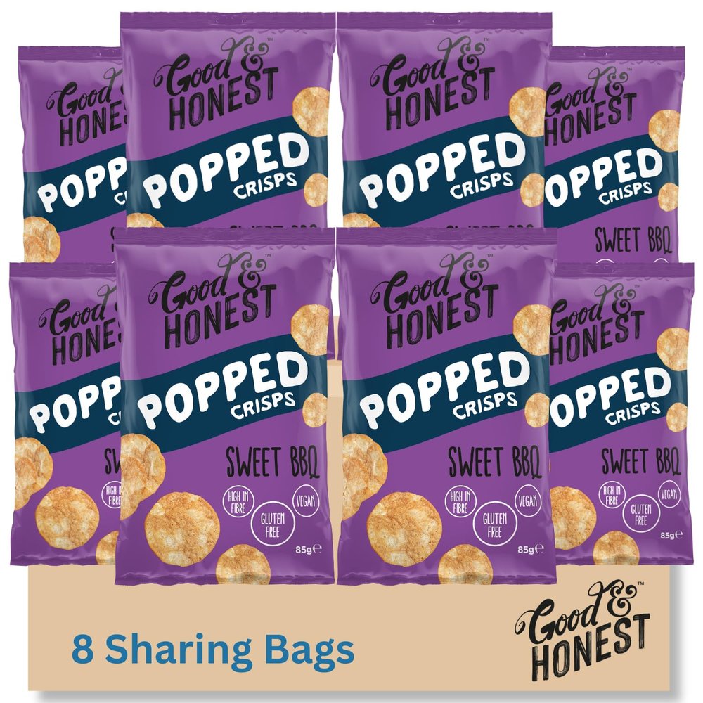 Good & Honest Popped Crisps, Sweet BBQ Pack of 8 x 85g, Gluten Free Pub Snacks, Vegan High Fibre Snacks