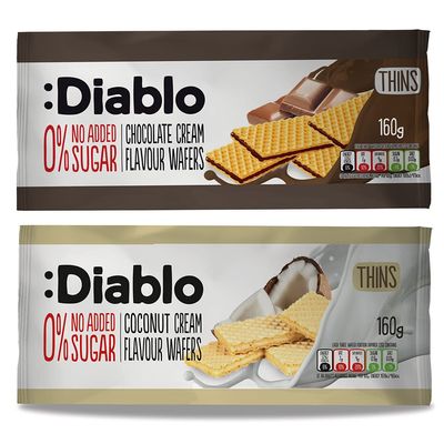 Diablo No Added Sugar Wafers, Coconut Cream & Chocolate Cream Flavours  Low Sugar Snacks, Perfect for Guilt-Free Snacking & Special Occasions, Sweet Treats for All  150g, Pack of 2