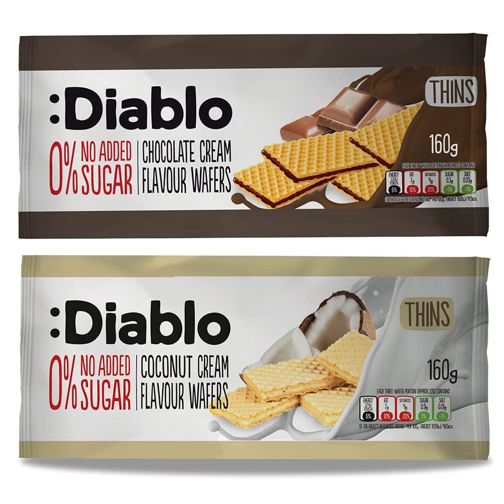 Diablo No Added Sugar Wafers, Coconut Cream & Chocolate Cream Flavours  Low Sugar Snacks, Perfect for Guilt-Free Snacking & Special Occasions, Sweet Treats for All  150g, Pack of 2