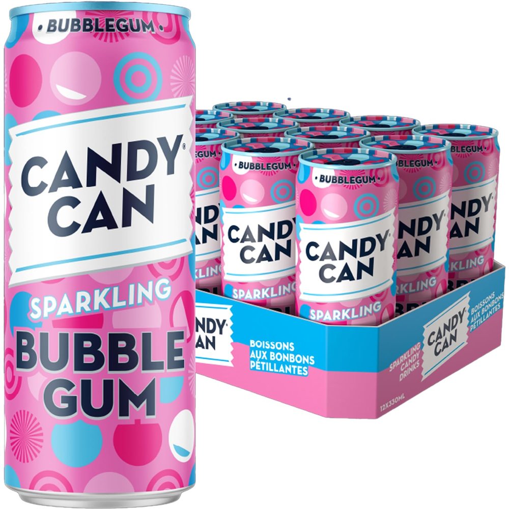 Candy Can Bubblegum Fizzy Drink, (12 x 330ml Cans), Low Calorie Sparkling Soda with Nostalgic American Bubblegum Flavour, No Added Sugar, Vegan, Gluten Free