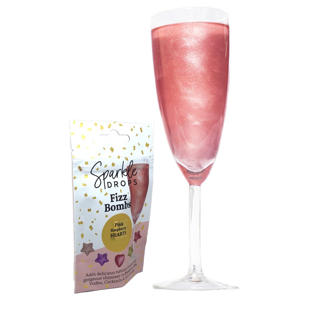 Sparkle Drops Shimmer Fizz Bombs for Drinks, Gin, Sparkling Wine and Prosecco (20g - Raspberry Hearts)