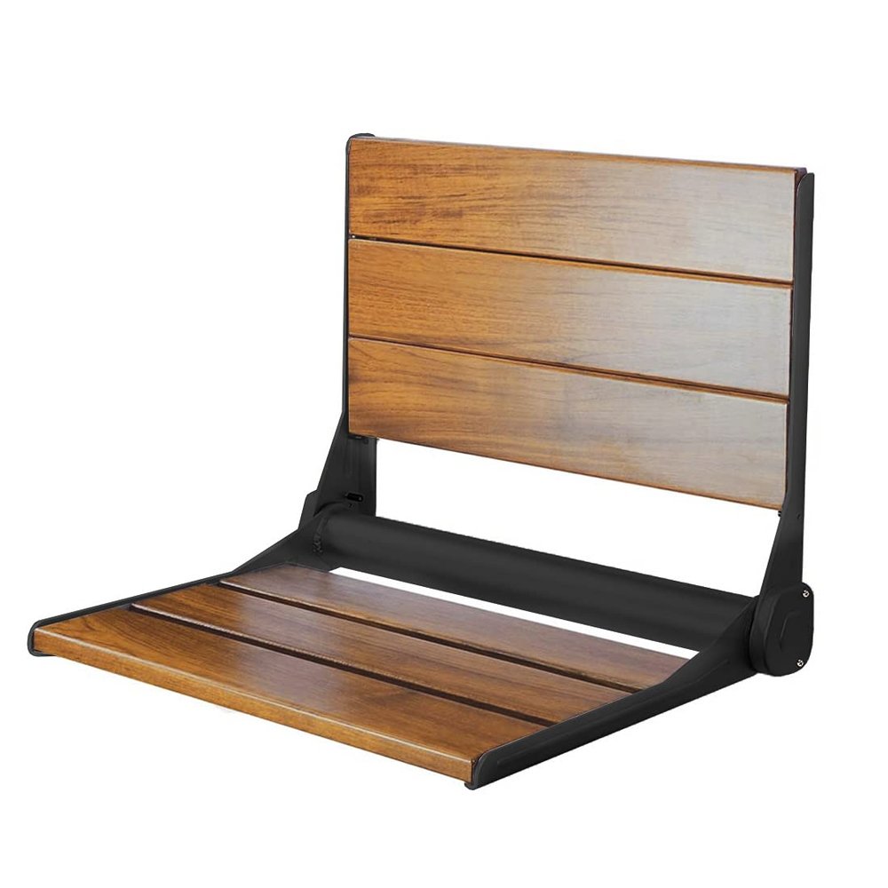 Home Aesthetics 18" ADA Compliant Folding Serena Teak Wood Shower Bench Seat, Matte Black Frame, Clear Coated for Extra Protection, Foldable Aluminum Wall-Mounted Fold Up Bathroom Stool Seating Chair
