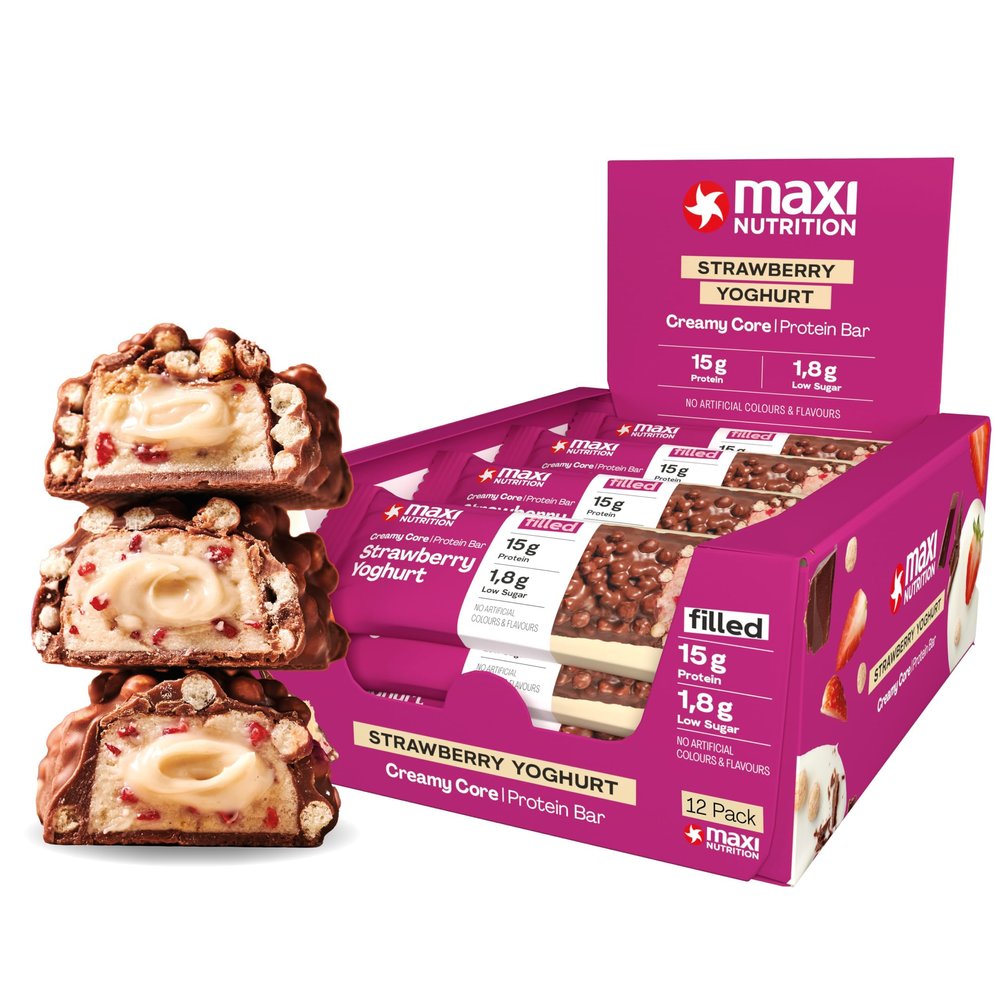 MaxiNutrition Creamy Core Protein Bar - Snack - Fat-Free, Low in Sugar - 15g Protein - Strawberry Yoghurt, 186 kcal per Serving, 12 x 45g
