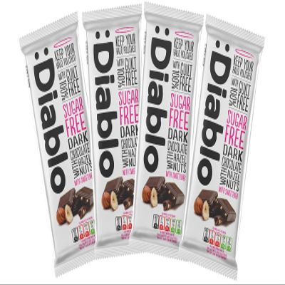 Diablo Dark Chocolate with Hazelnuts, Sugar-Free Dark Chocolate Bar - Maltitol Sweetened, Gluten-Free, Ideal Snack for All - Celebrate Any Occasion, Birthdays, Valentines, Anniversary - 85g, 4 Packs