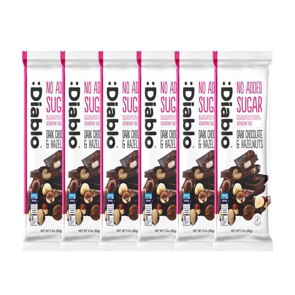 Diablo Dark Chocolate with Hazelnuts, No Added Sugar Dark Chocolate Bar - Maltitol Sweetened, Gluten-Free Snack for All - Celebrate Any Occasion, Birthdays, Valentines, Anniversary - 85g, 6 Packs