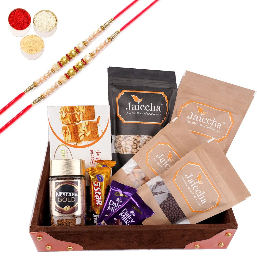 Jaiccha Ghasitaram Rakhi Gifts for Brothers Korno Tray of 10 Goodies with Besan Barfi and with 2 Pearl Rakhis