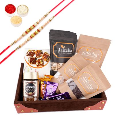 Jaiccha Ghasitaram Rakhi Gifts for Brothers Korno Tray of 6 Healthy Goodies with 2 Pearl Rakhis