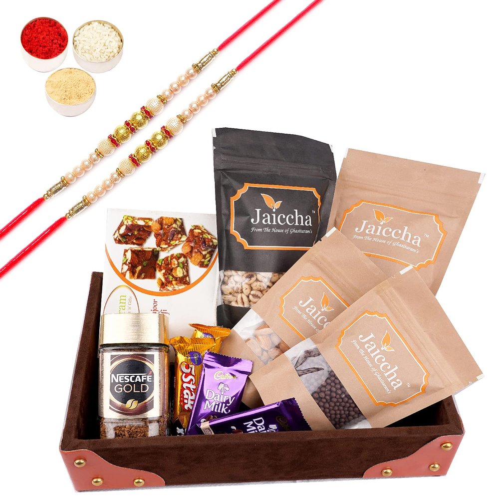 Jaiccha Ghasitaram Rakhi Gifts for Brothers Korno Tray of 6 Healthy Goodies with 2 Pearl Rakhis
