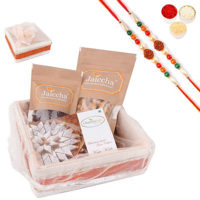 Jaiccha Ghasitaram Rakhi Gifts for Brothers Shaded Jute Potli with Butter Chakli, Rice Crispies and Kaju Katli with 2 Rudraksh Rakhis