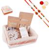 Jaiccha Ghasitaram Rakhi Gifts for Brothers Shaded Jute Potli with Butter Chakli, Rice Crispies and Kaju Katli with 2 Rudraksh Rakhis view 1