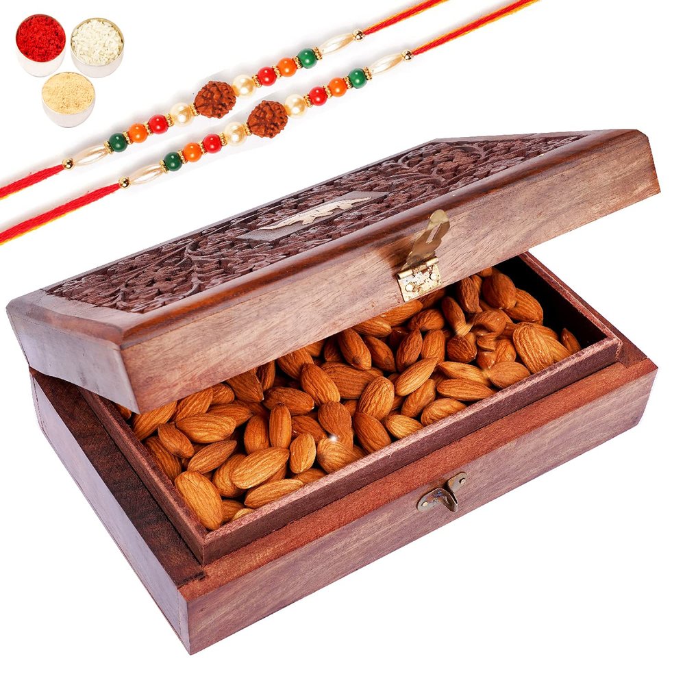 Jaiccha Ghasitaram Rakhi Gifts for Brothers Wooden Craving Jewellery Box with Almonds with 2 Rudraksh Rakhis