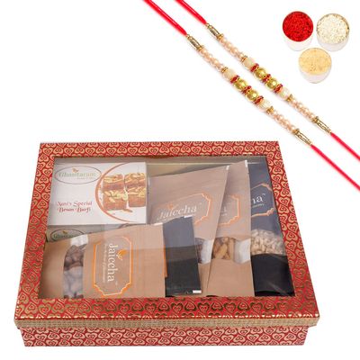 Jaiccha Ghasitaram Rakhi Gifts for Brothers Hamper Box 6 Goodies with Besan Barfi with 2 Pearl Rakhis