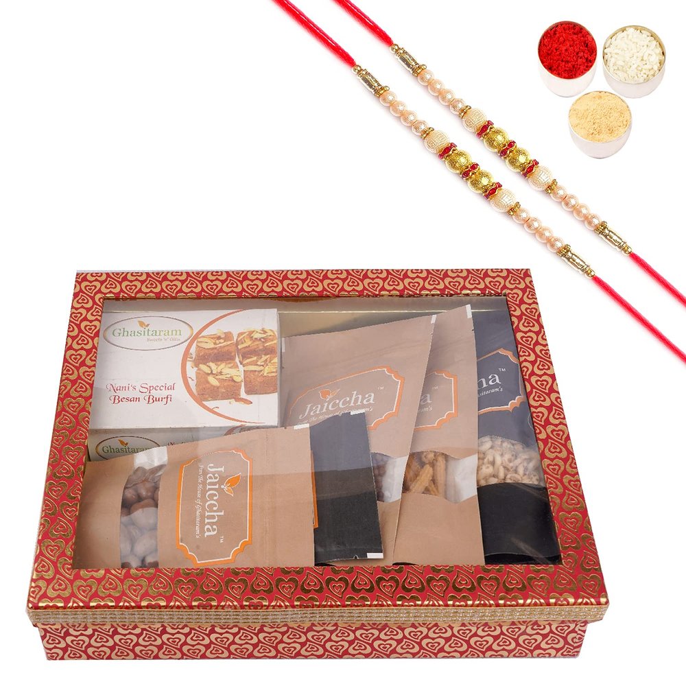 Jaiccha Ghasitaram Rakhi Gifts for Brothers Hamper Box 6 Goodies with Besan Barfi with 2 Pearl Rakhis