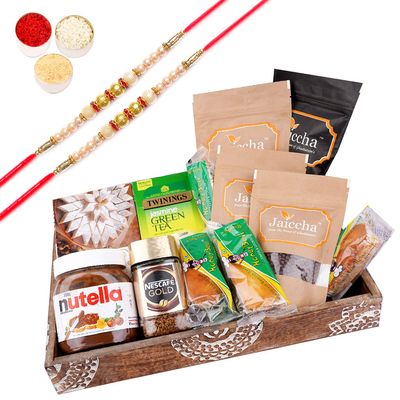 Jaiccha Ghasitaram Rakhi Gifts for Brothers Wooden Tray Hamper with Kaju Katli with 2 Pearl Rakhis