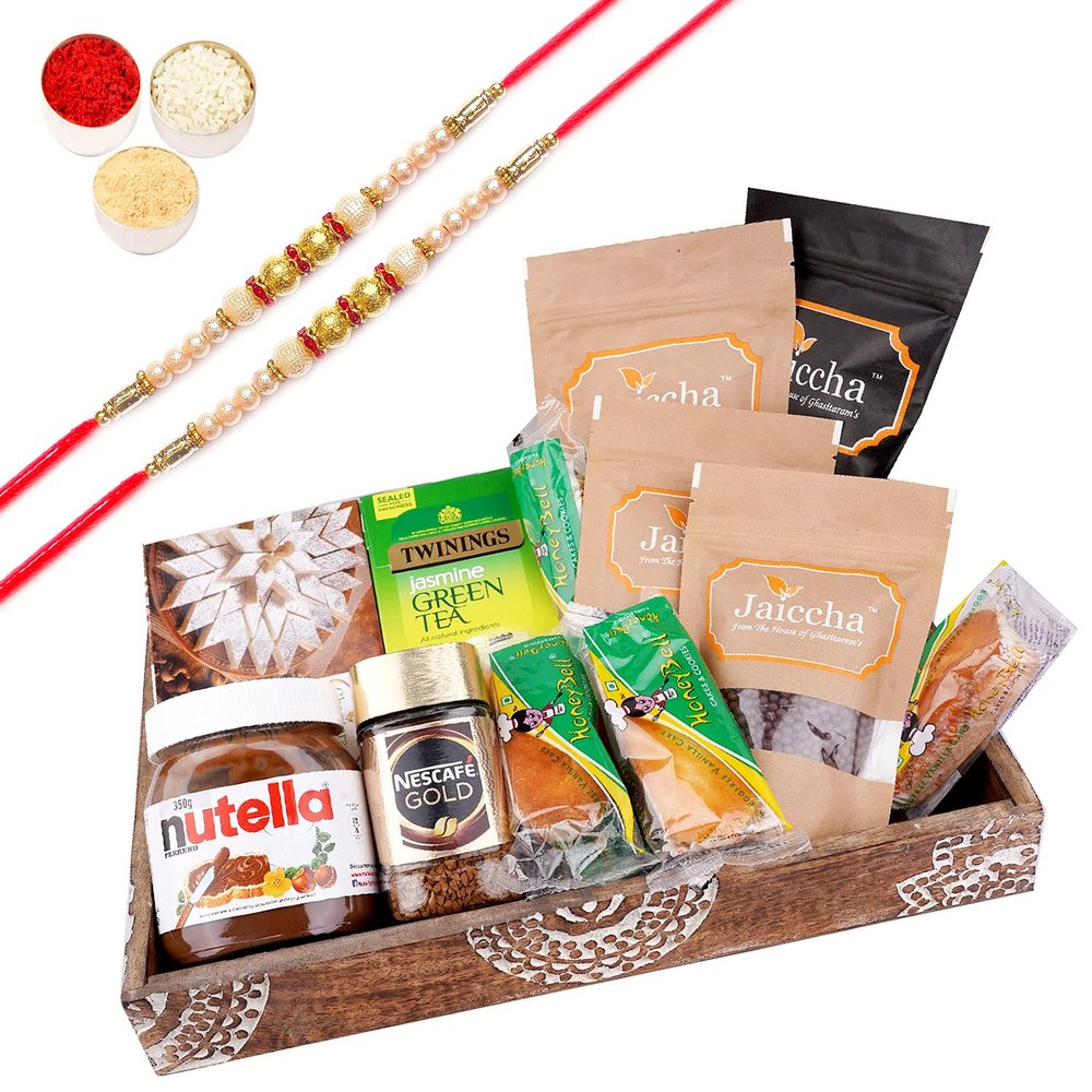 Jaiccha Ghasitaram Rakhi Gifts for Brothers Wooden Tray Hamper with Kaju Katli with 2 Pearl Rakhis