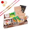 Jaiccha Ghasitaram Rakhi Gifts for Brothers Wooden Tray Hamper with Kaju Katli with 2 Pearl Rakhis view 1