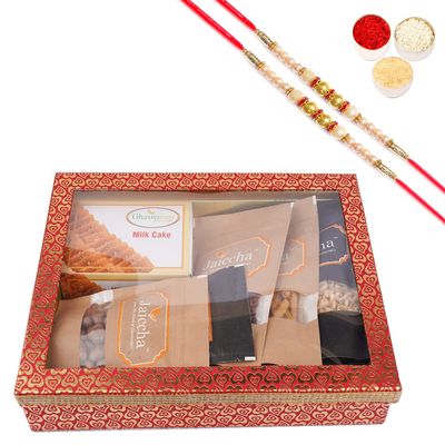Jaiccha Ghasitaram Rakhi Gifts for Brothers Hamper Box 6 Goodies with Milk Cake with 2 Pearl Rakhis