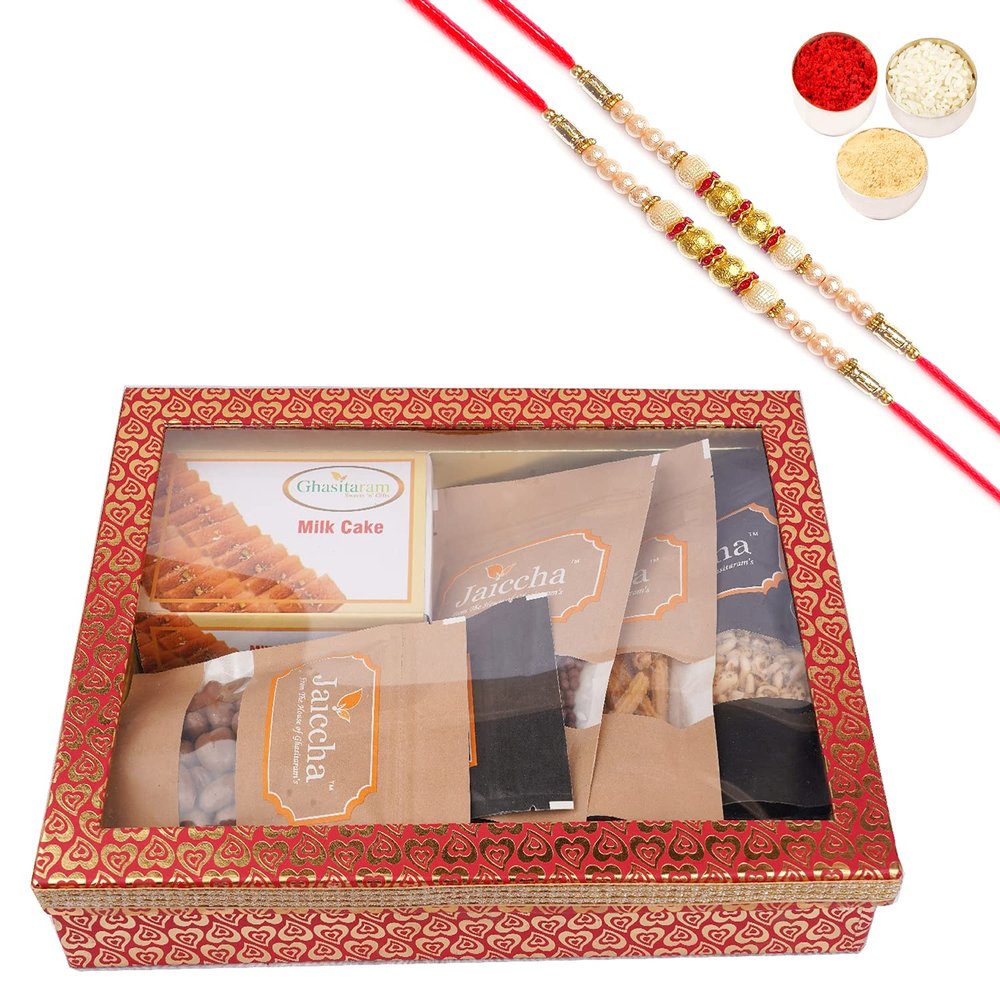 Jaiccha Ghasitaram Rakhi Gifts for Brothers Hamper Box 6 Goodies with Milk Cake with 2 Pearl Rakhis